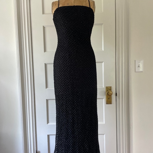 Vintage 90s Andrea Polizzi Long Bodycon Dress-Black Mesh Formal Evening Wear -S6 - Picture 5 of 8